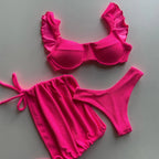 Women's solid color three-piece bikini set from Trendy Attic Store01, featuring a bikini top, bottom, and cover-up in vibrant fabric.