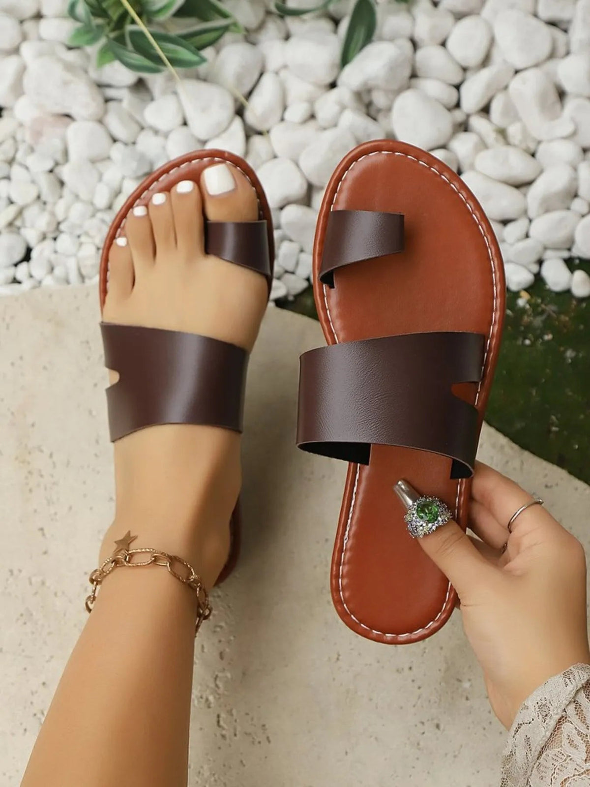 Women's vegan PU leather toe loop flat sandals by Plush Fashion Hub, featuring comfortable everyday style and minimalist design.