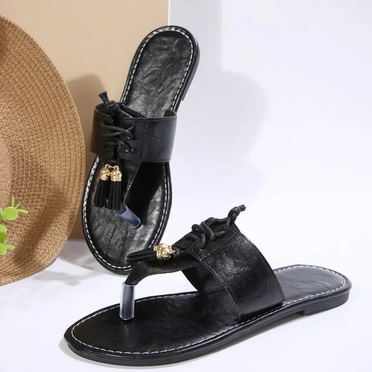 Women's comfortable PU leather toe post flat sandals by Plush Fashion Hub, featuring a stylish and supportive design.