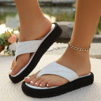 Women's comfortable PU leather toe post platform sandals with chunky heel and sleek design, ideal for casual or summer wear.