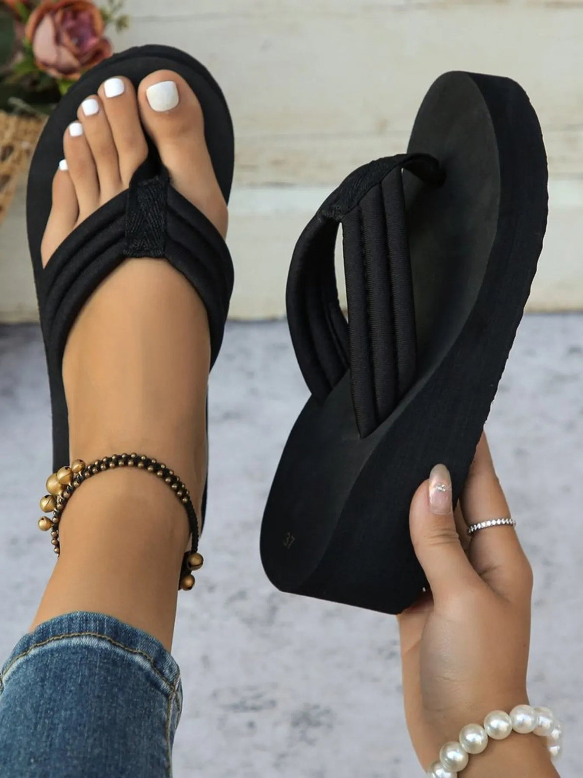 Women’s PU leather platform toe post sandals by Plush Fashion Hub, showing comfortable, stylish footwear with chunky soles.