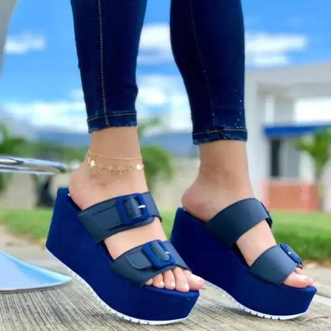 Women wedge heel platform slippers with belt buckle, stylish Trendy Attic Store01 sandals, featuring a comfortable open-toe design.
