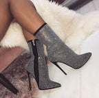 Women rhinestone high heel boots with pointed toe, stylish and sparkling footwear by Trendy Attic Store01.