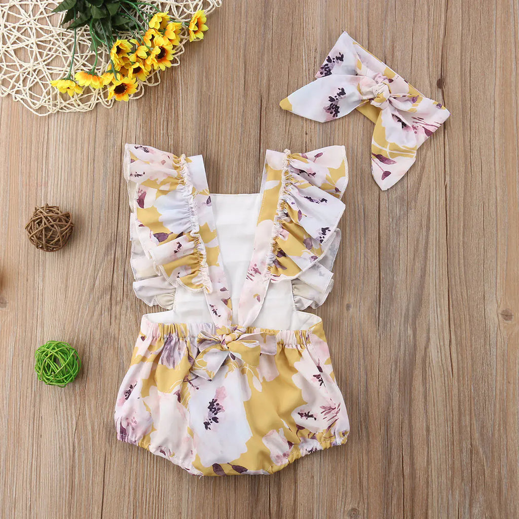 Girls' floral two-piece outfit with back tie and matching headband, stylish and cute for girls from Trendy Attic Store01.
