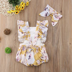 Girls' floral two-piece outfit with back tie and matching headband, stylish and cute for girls from Trendy Attic Store01.
