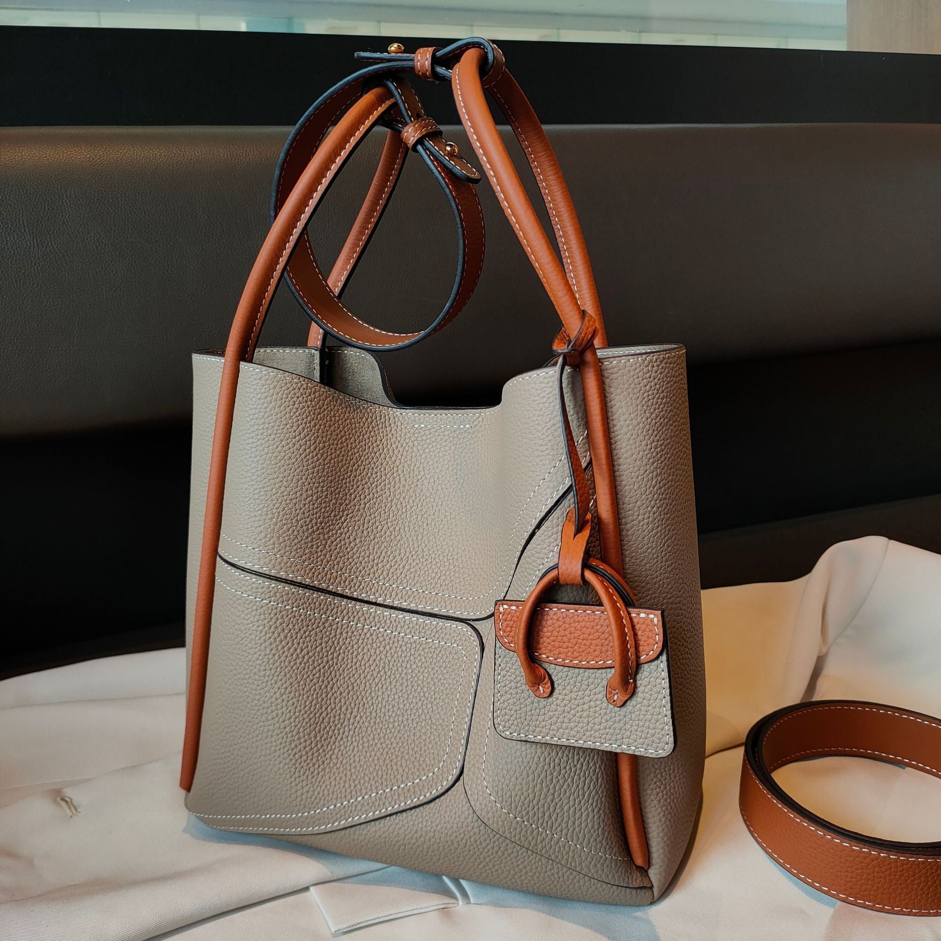 LadyShow.Store contrast color basket handbag with shoulder and crossbody straps, stylish underarm bag for everyday use.