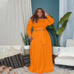 Plus size women's two-piece skirt set with long sleeves, stylish and trendy outfit for plus size women, by Trendy Attic Store01.