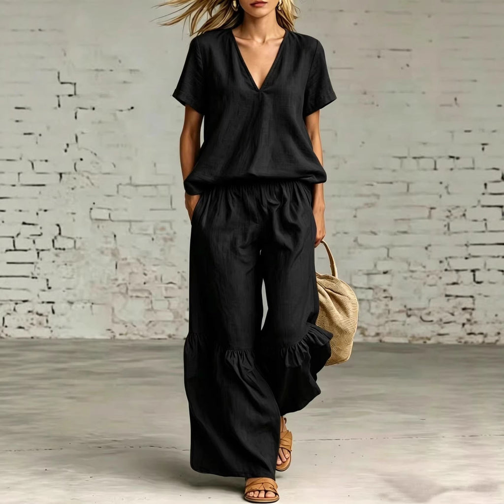 FitiqueFit V-neck loose short-sleeve top and pants set in 7 colors, casualwear for sizes S to 5XL, comfortable and stylish.