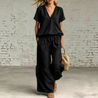 FitiqueFit V-neck loose short-sleeve top and pants set in 7 colors, casualwear for sizes S to 5XL, comfortable and stylish.