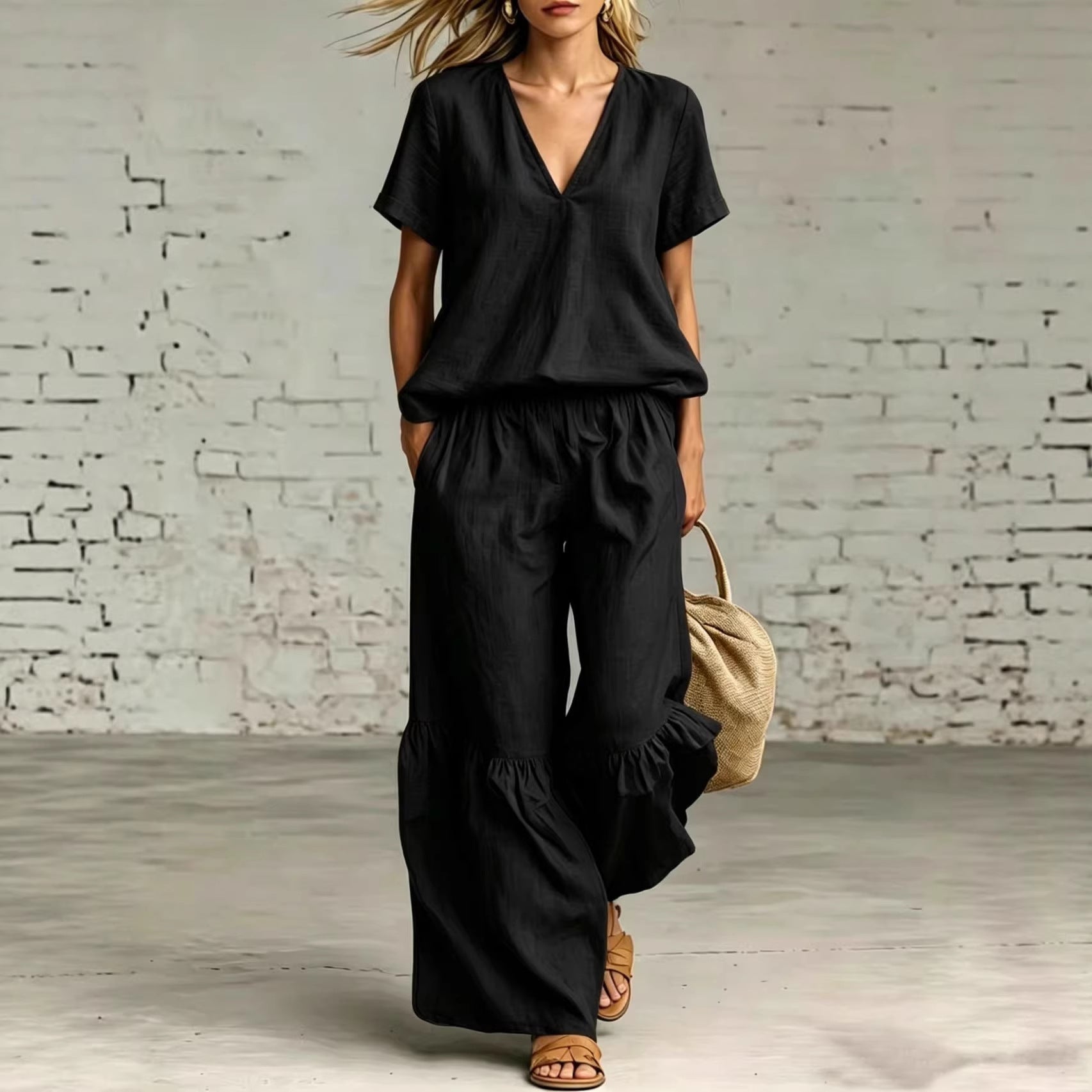 FitiqueFit V-neck loose short-sleeve top and pants set in 7 colors, casualwear for sizes S to 5XL, comfortable and stylish.