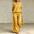 FitiqueFit casualwear V-neck loose short-sleeve top and pants set in 7 colors, available in sizes S to 5XL.