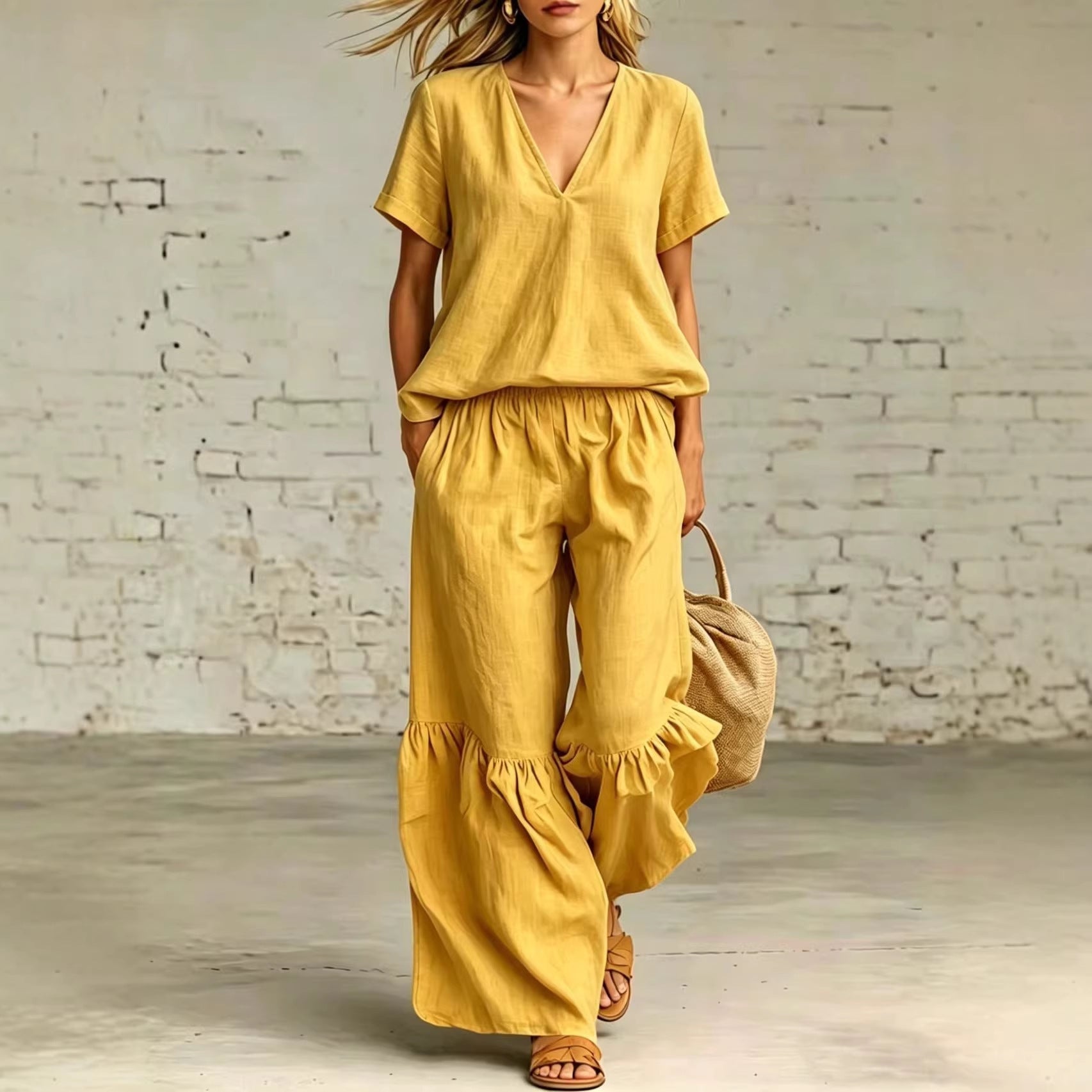 FitiqueFit casualwear V-neck loose short-sleeve top and pants set in 7 colors, available in sizes S to 5XL.