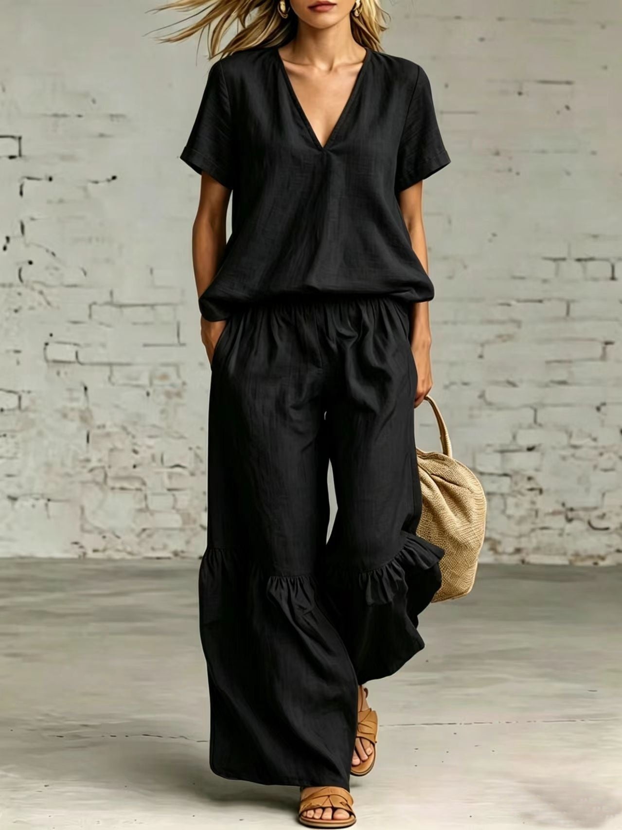 FitiqueFit casualwear V-neck loose short-sleeve top and pants set in 7 colors, available in sizes S to 5XL.