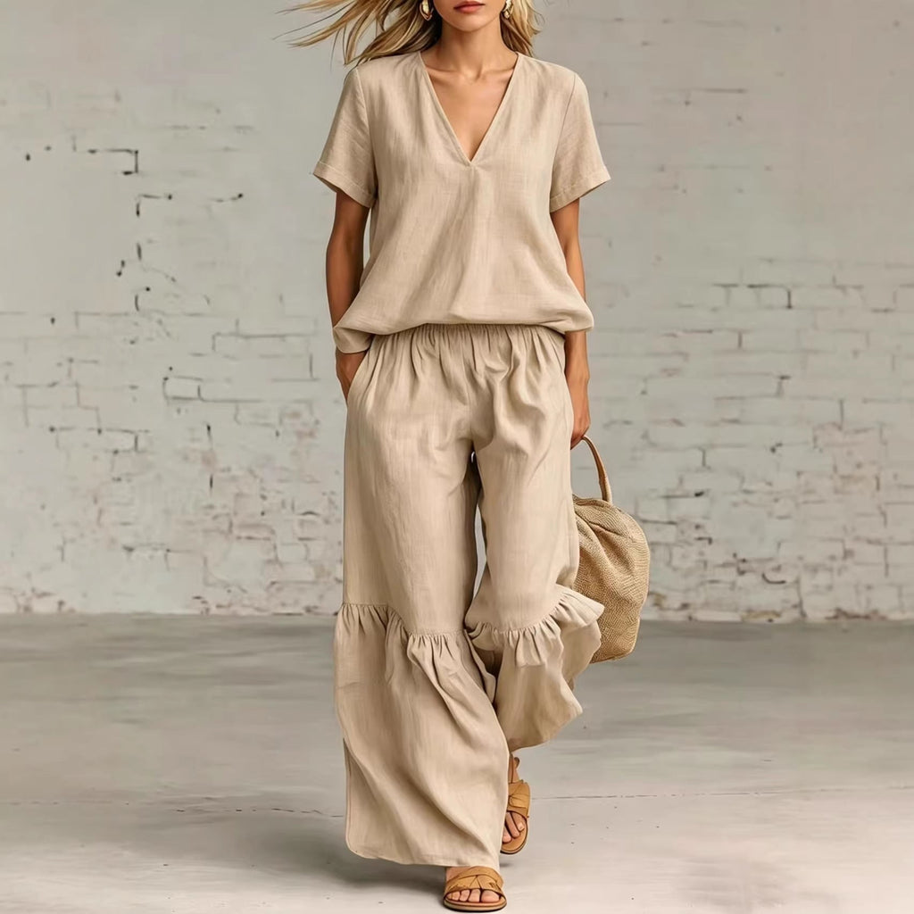 FitiqueFit casualwear V-neck loose short-sleeve top and pants set in 7 colors, available in sizes S to 5XL.