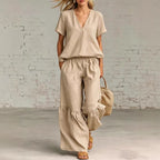 FitiqueFit casualwear V-neck loose short-sleeve top and pants set in 7 colors, available in sizes S to 5XL.