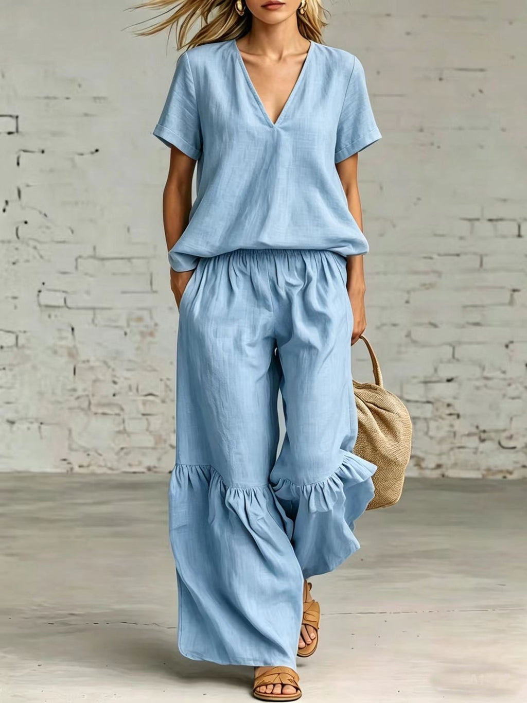 FitiqueFit casualwear V-neck loose short-sleeve top and pants set in 7 colors, available in sizes S to 5XL.