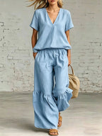FitiqueFit casualwear V-neck loose short-sleeve top and pants set in 7 colors, available in sizes S to 5XL.