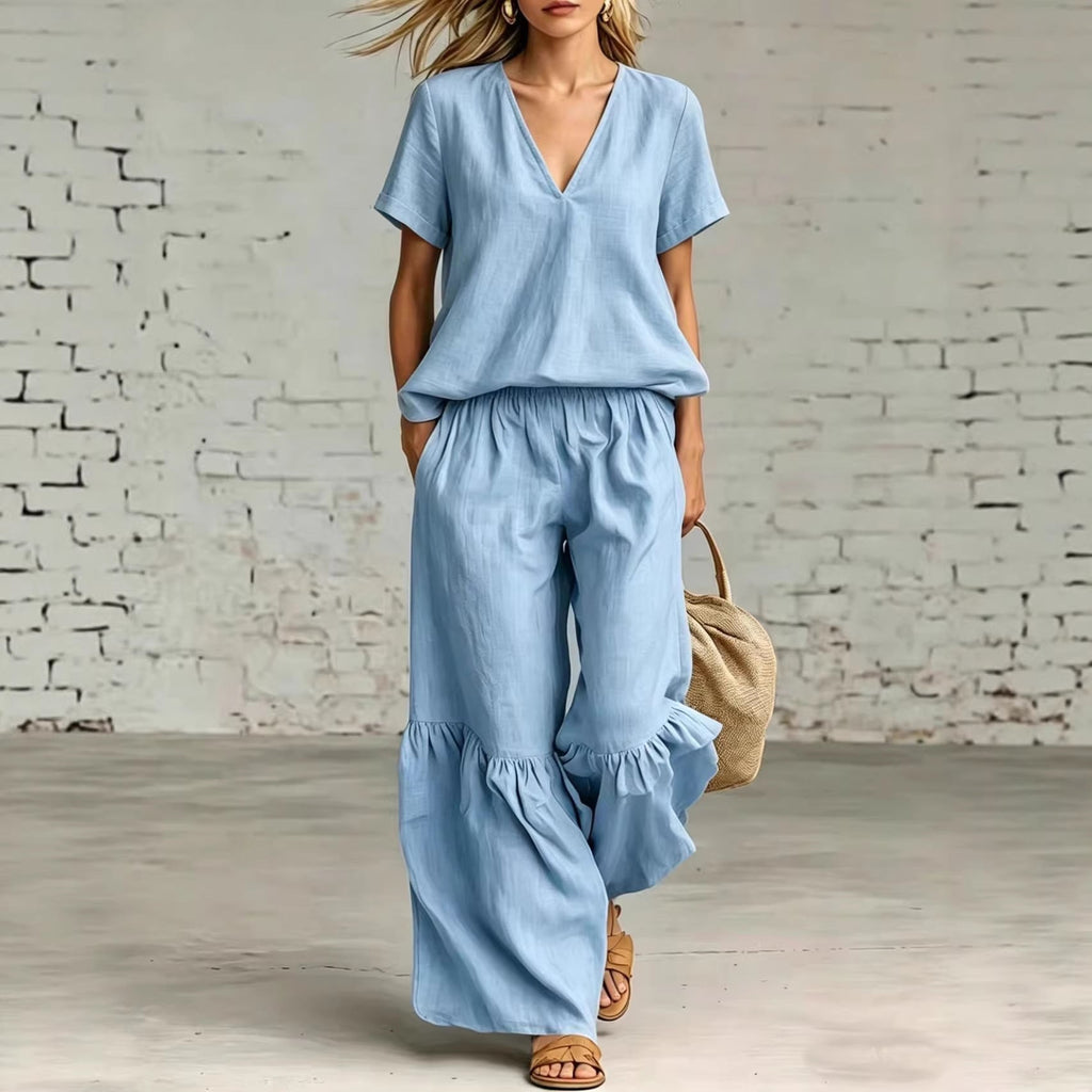 FitiqueFit casualwear V-neck loose short-sleeve top and pants set in 7 colors, available in sizes S to 5XL.