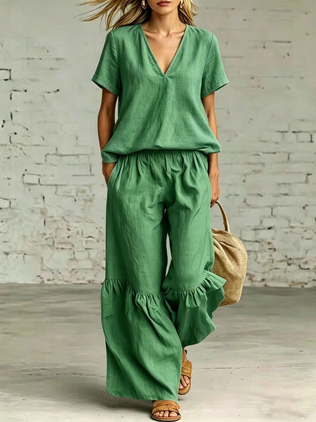 FitiqueFit casualwear V-neck loose short-sleeve top and pants set in 7 colors, available in sizes S to 5XL.