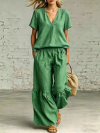 FitiqueFit casualwear V-neck loose short-sleeve top and pants set in 7 colors, available in sizes S to 5XL.