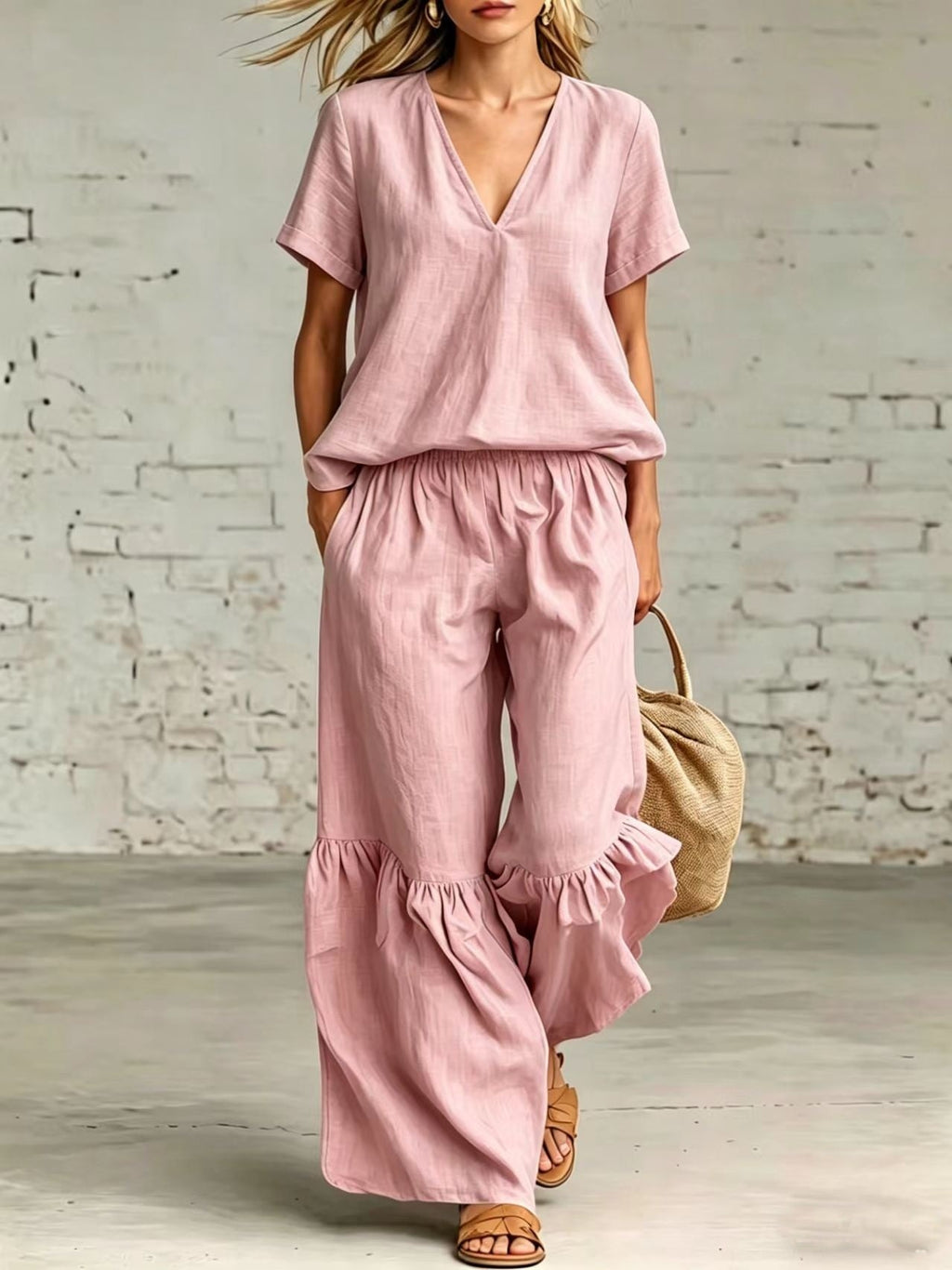 Casual FitiqueFit V-neck loose short-sleeve top and pants set in 7 colors, available in sizes S to 5XL, displayed on a model.
