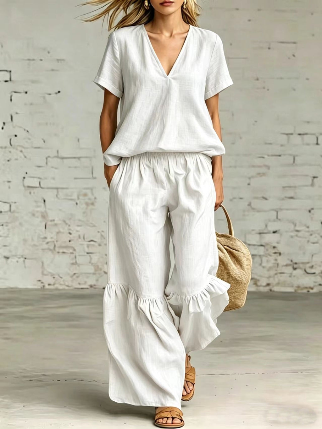 FitiqueFit casualwear set with V-neck loose short-sleeve top and matching pants in 7 colors, available in sizes S to 5XL.