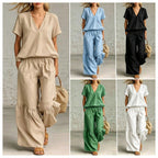 FitiqueFit casualwear V-neck loose short-sleeve top and pants set in 7 colors, available in sizes S to 5XL.