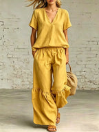 FitiqueFit casualwear V-neck loose short-sleeve top and pants set in 7 colors, available in sizes S to 5XL.
