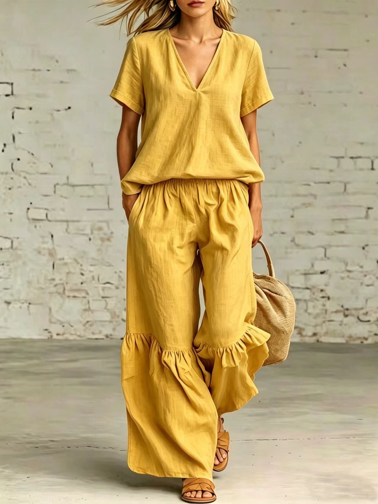 FitiqueFit casualwear V-neck loose short-sleeve top and pants set in 7 colors, available in sizes S to 5XL.