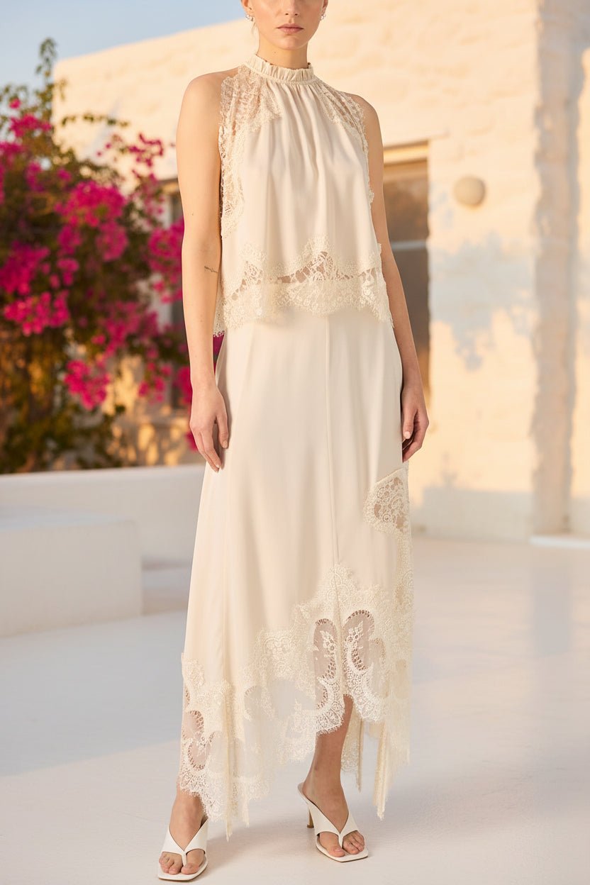 FitiqueFit V-neck ruffle waist tank top and skirt set, elegant hollow-out two-piece casualwear ensemble.
