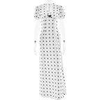 Bella Mia V-neck waist-controlled polka dot maxi dress with puff sleeves, lace-up detail, elegant and slim fit for formal occasions.