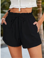 Light gray minimalist women's drawstring shorts with side pockets, perfect for casual wear from Trendy Attic Store01.
