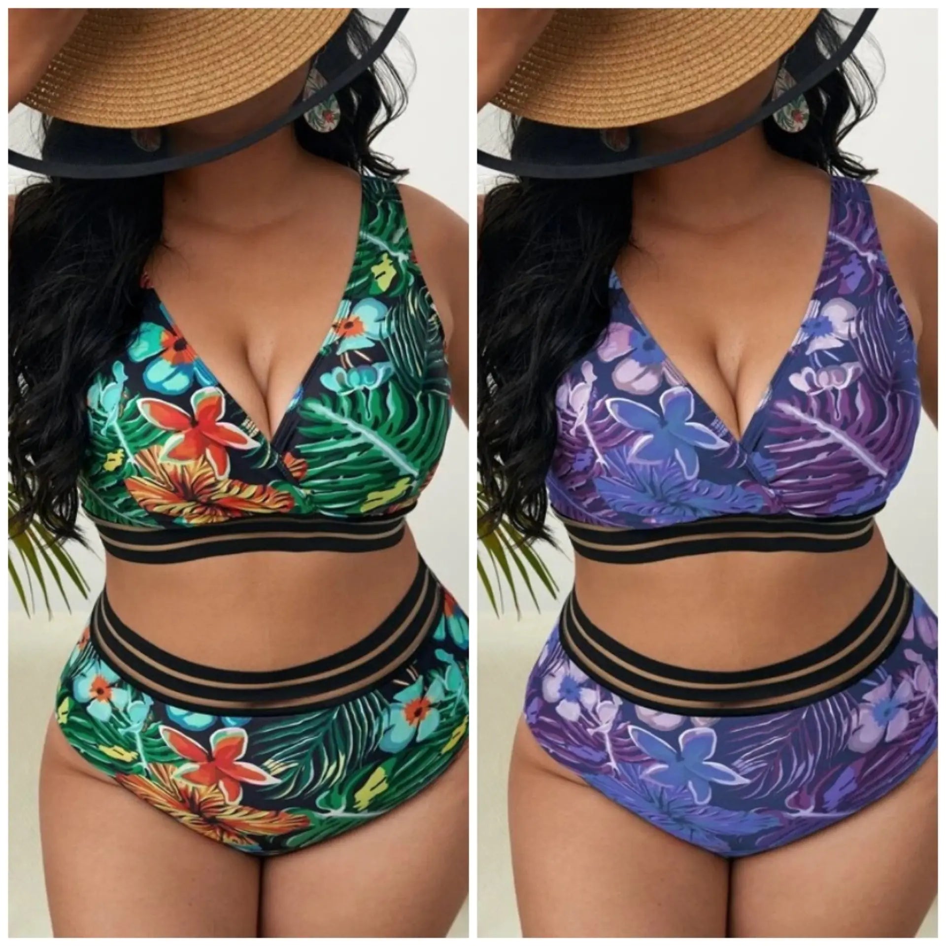 Plus size women's high waist bikini swimwear with stylish design, featuring a comfortable fit and trendy patterns for plus size swimsuits.