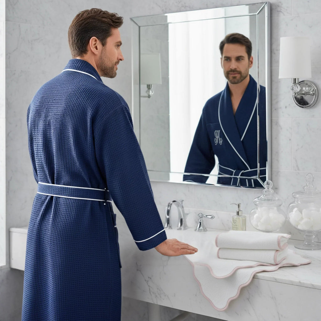 Lotus Linen premium waffle piping robe for men, soft and comfortable bathrobe with a textured waffle fabric design.