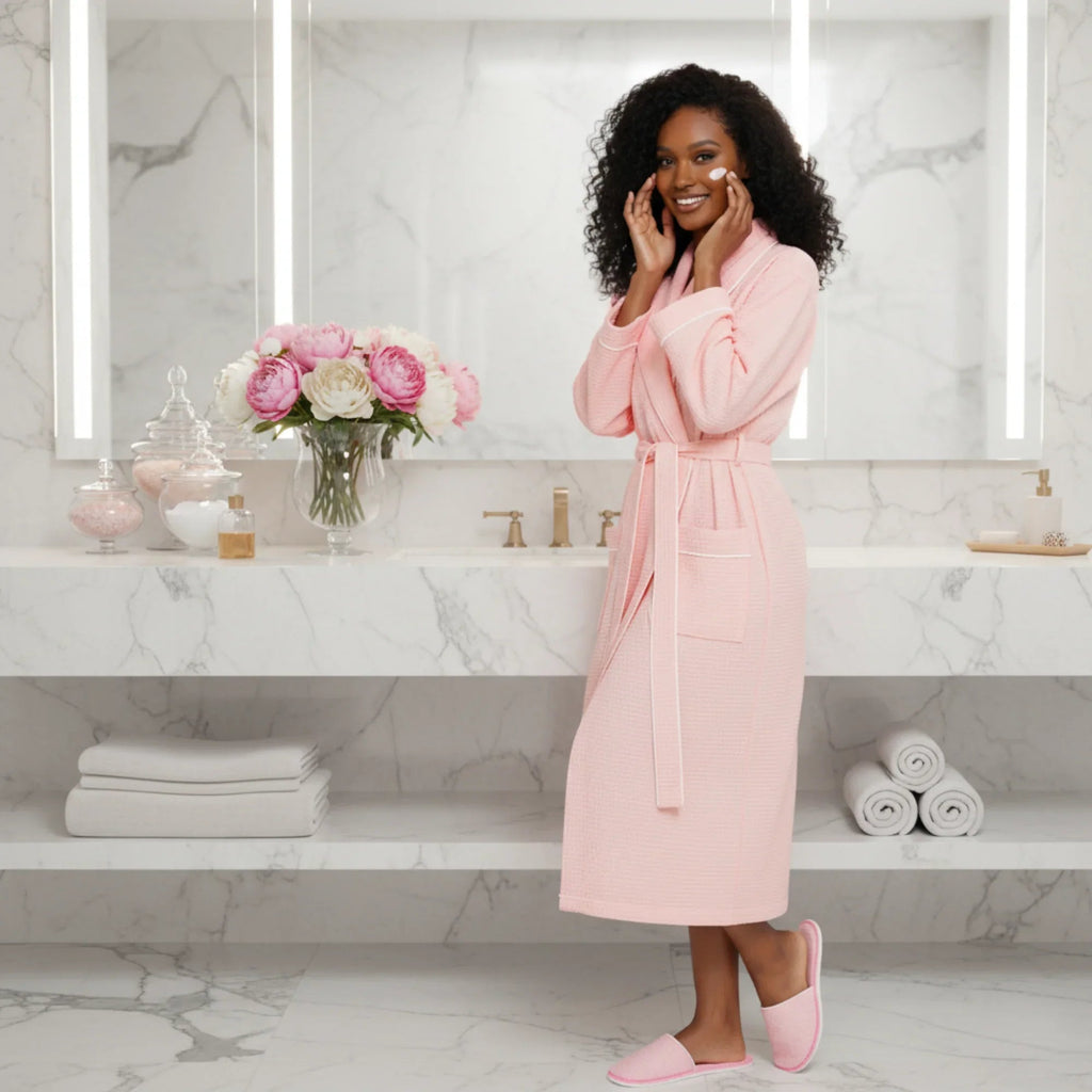 Women’s waffle piping bathrobe from Lotus Linen, lightweight spa-style robe with soft, textured waffle fabric for comfort.