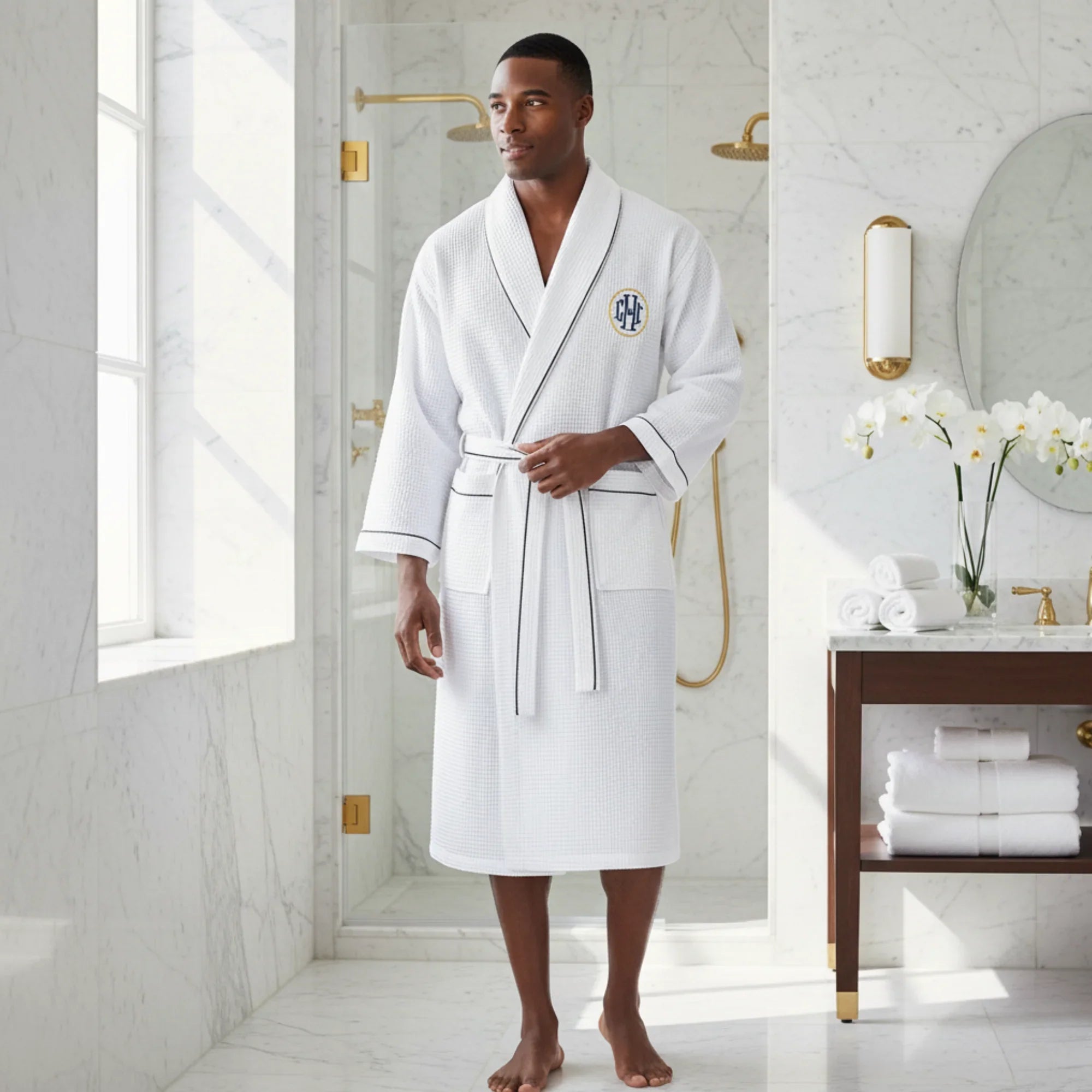 Men's waffle piping robe by Lotus Linen featuring a textured waffle fabric and contrasting piping details.
