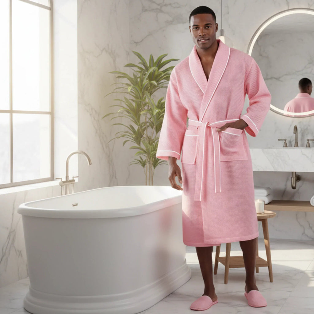 Men's Lotus Linen waffle piping robe featuring a soft, textured fabric with a waist belt and classic collar for comfort and style.