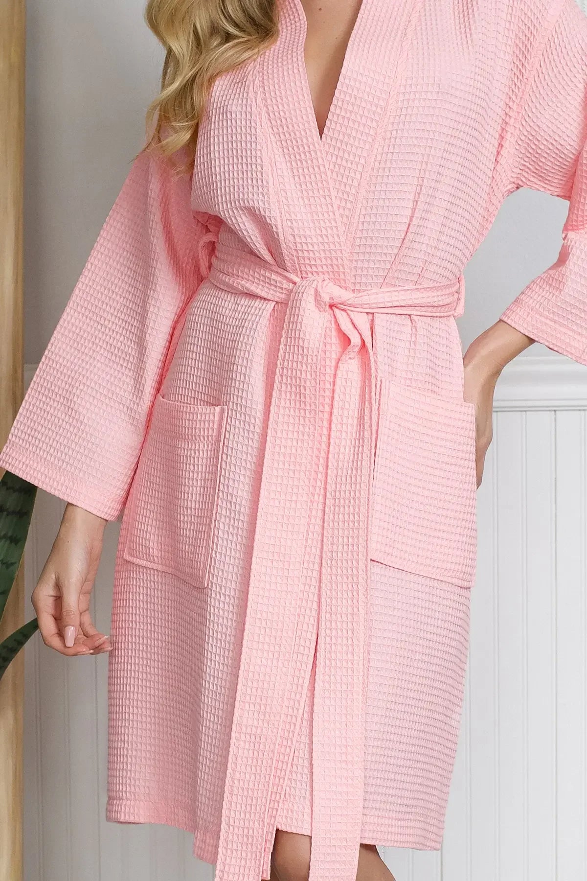 Knee-length waffle robe for women by Lotus Linen, featuring soft, textured waffle weave fabric and a comfortable fit.