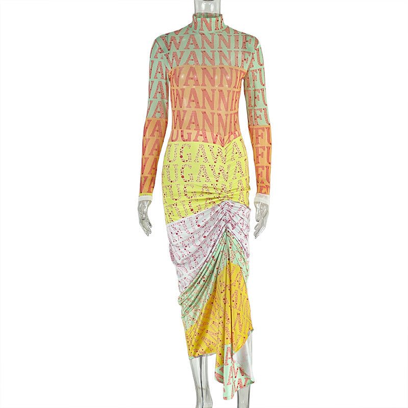 LadyShow.Store waist-cinching high-neck long-sleeve spliced sheer dress shown on a model with fitted silhouette and stylish design.