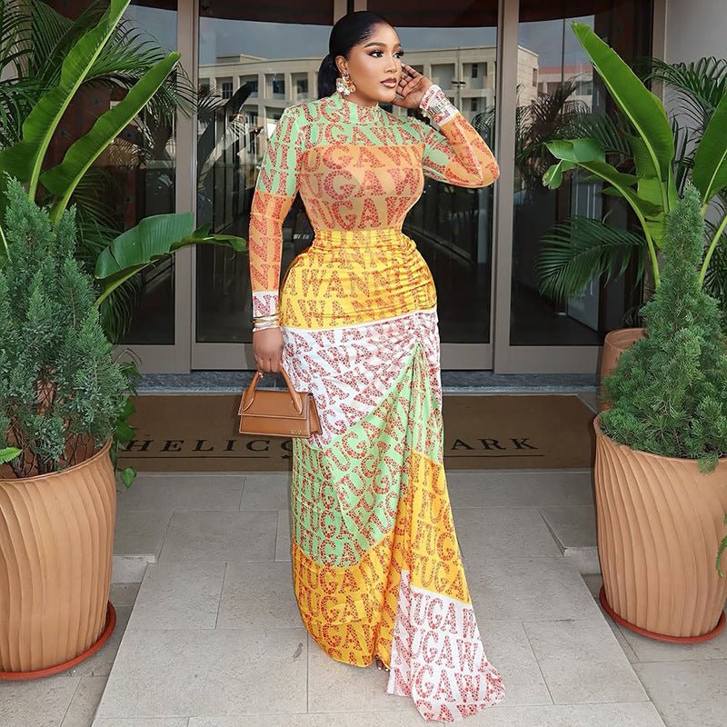 LadyShow Store waist-cinching high-neck long-sleeve spliced sheer dress, showing fitted silhouette and stylish design details.