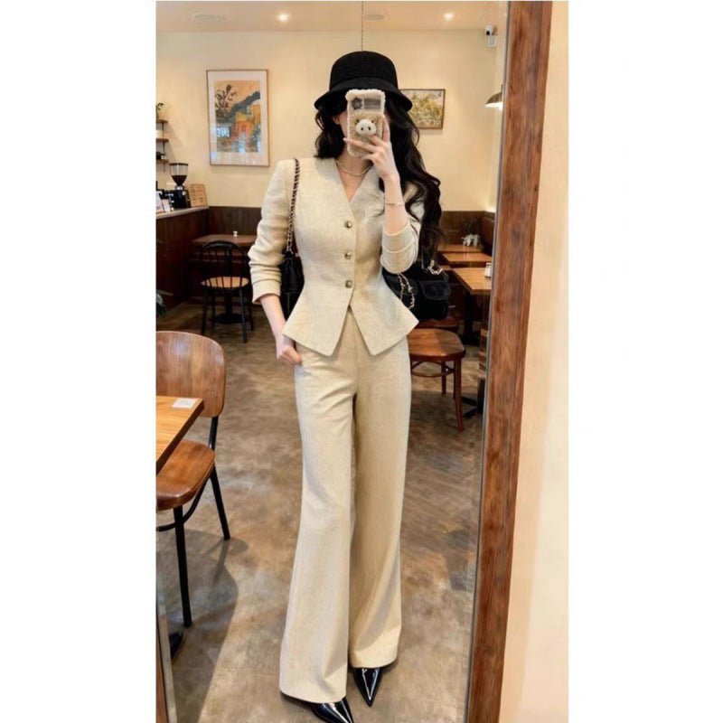 Beige waist-grabbing coat with wide-leg pants set from FitiqueFit, stylish outerwear with a tailored fit and flowing pants.