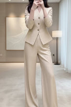 Beige waist-grabbing coat with wide-leg pants set by FitiqueFit, featuring stylish design and tailored fit.