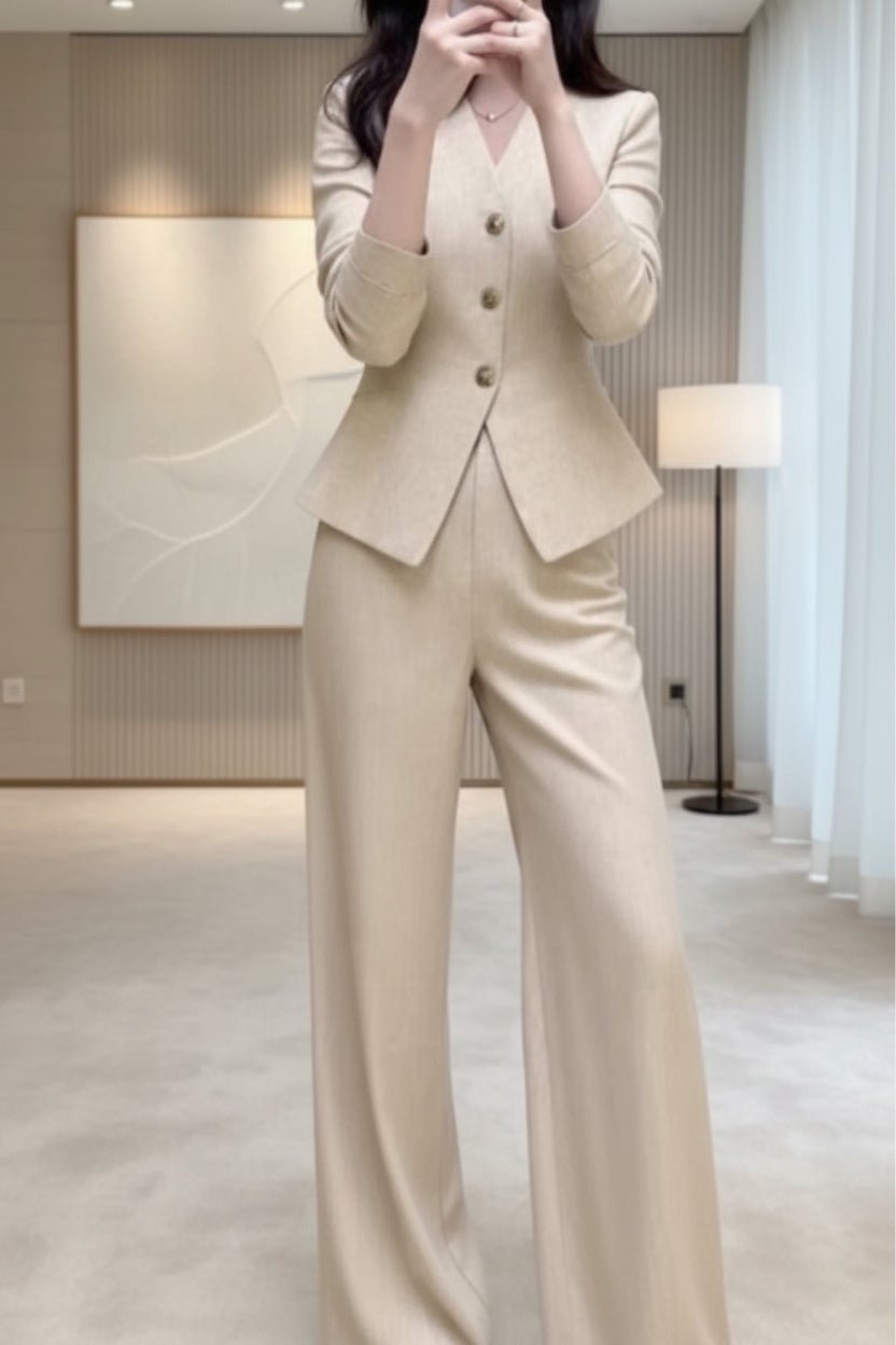 Beige waist-grabbing coat with wide-leg pants set by FitiqueFit, featuring stylish design and tailored fit.