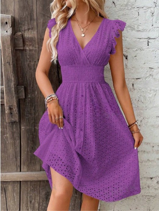 Waisted V-neck lace midi dress by FitiqueFit, showcasing a fitted waist, V-neckline, and elegant lace fabric for casual wear.
