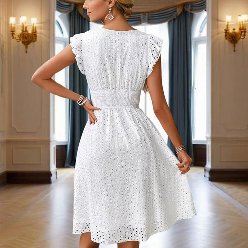 Waisted V-neck lace midi dress by FitiqueFit, casualwear with elegant lace details and a fitted waist, perfect for stylish occasions.