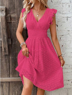 Waisted V-neck lace midi dress by FitiqueFit, featuring a casualwear style with intricate lace details and a flattering waist.