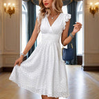 Waisted V-neck lace midi dress by FitiqueFit, casualwear with a fitted waist and elegant lace detail.