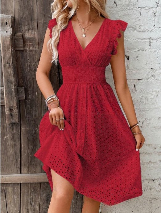 Waisted V-neck lace midi dress by FitiqueFit, casualwear with elegant lace detail and a fitted waist, ideal for stylish occasions.