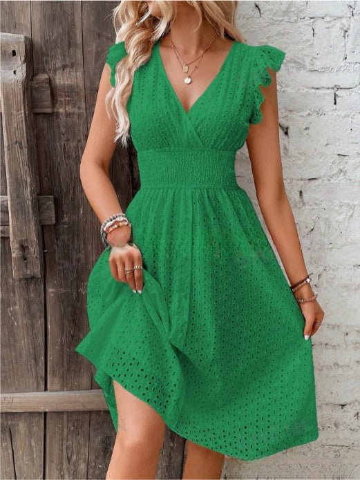 Waisted V-neck lace midi dress by FitiqueFit, featuring a fitted waist and elegant lace design for casual or semi-formal wear.
