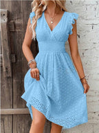 Waisted V-neck lace midi dress by FitiqueFit, featuring a fitted waist, elegant lace fabric, and a flowy midi length for casual wear.